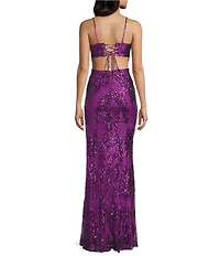 Honey and Rosie Sequin V-Neck Cut Out Lace Up Tie Back Mermaid Gown