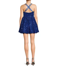 Honey and Rosie Sequined Mesh Lace Criss Cross Back Bubble Hem Dress