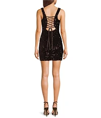 Honey and Rosie Sequined Square Neck Lace Up Back Dress