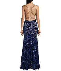 Honey and Rosie Sequins Lace Bungee Strap V-Neck Criss Cross Back Dress