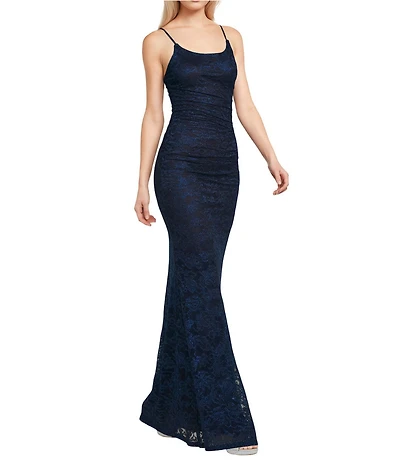 Honey and Rosie Shirred Lace Square Neck Lace Up Back Long Dress