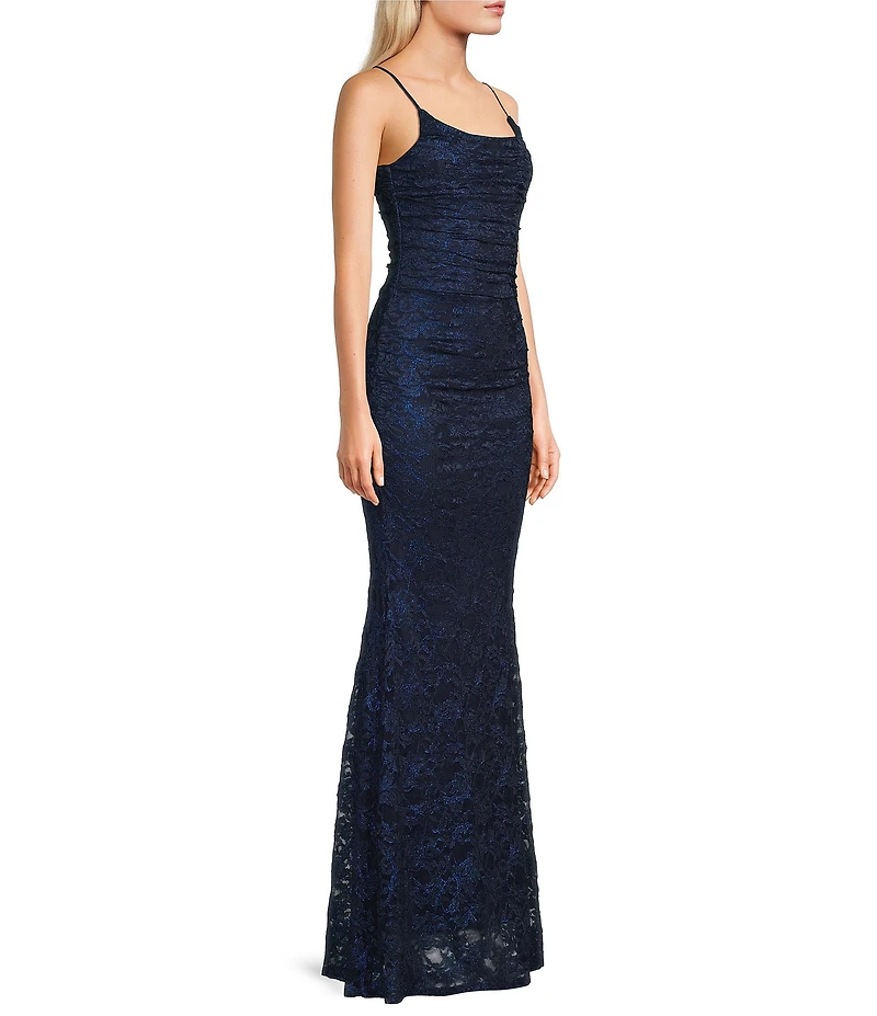 Honey and Rosie Shirred Lace Square Neck Lace Up Back Long Dress