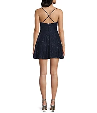 Honey and Rosie Sleeveless Corded Eyelash Sequin-Embellished Lace Fit-And-Flare Dress
