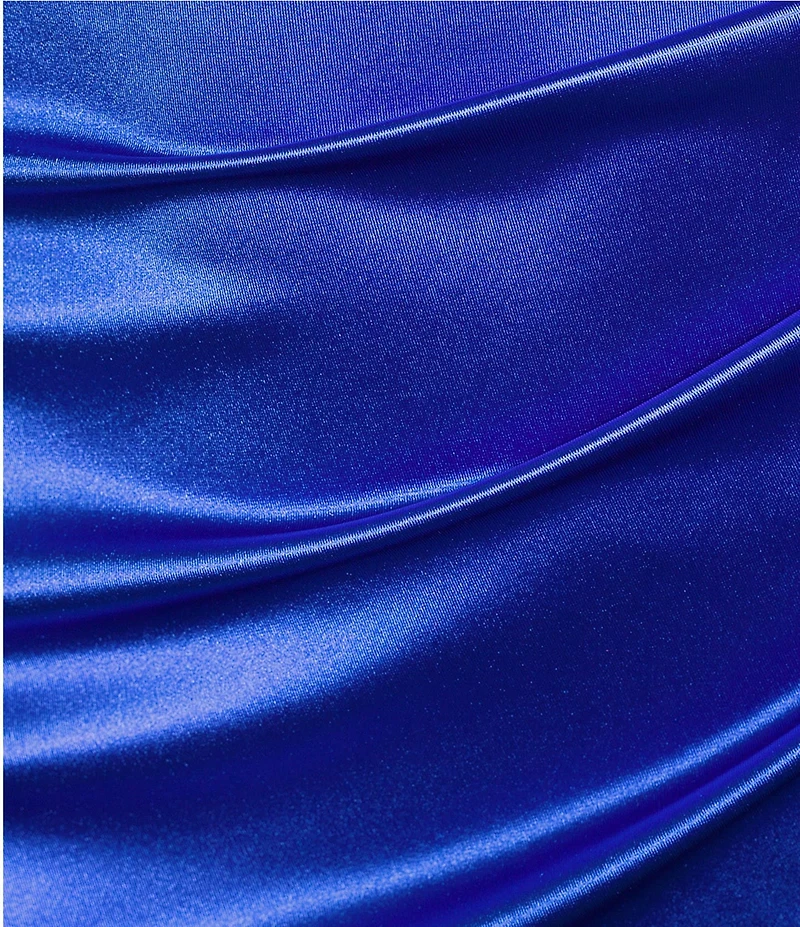 Honey and Rosie Silky Satin Sleeveless V-Neck Ruched Faux-Wrap Asymmetrical Hem Sheath Mini Dress