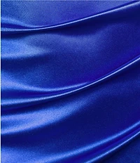 Honey and Rosie Silky Satin Sleeveless V-Neck Ruched Faux-Wrap Asymmetrical Hem Sheath Mini Dress