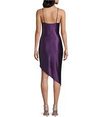 Honey and Rosie Spaghetti Strap Asymmetrical Hem Faux-Wrap Shimmery Stretch Satin Dress