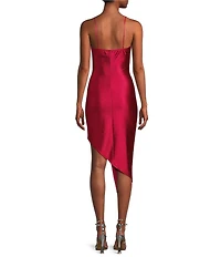 Honey and Rosie Spaghetti Strap Asymmetrical Hem Faux-Wrap Shimmery Stretch Satin Dress