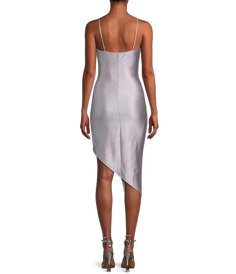 Honey and Rosie Spaghetti Strap Asymmetrical Hem Faux-Wrap Shimmery Stretch Satin Dress