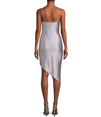 Honey and Rosie Spaghetti Strap Asymmetrical Hem Faux-Wrap Shimmery Stretch Satin Dress