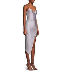 Honey and Rosie Spaghetti Strap Asymmetrical Hem Faux-Wrap Shimmery Stretch Satin Dress