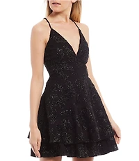 Honey and Rosie Spaghetti Strap Lace Bra-Back Eyelash Double Hem Fit & Flare Mini Dress