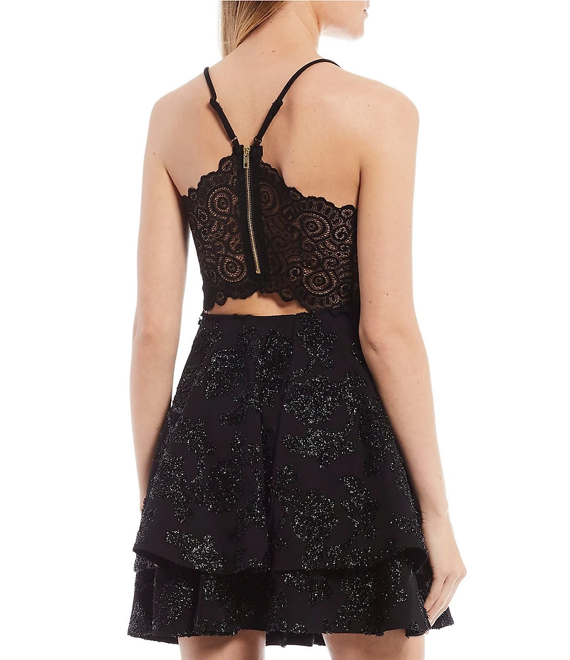 Honey and Rosie Spaghetti Strap Lace Bra-Back Eyelash Double Hem Fit & Flare Mini Dress