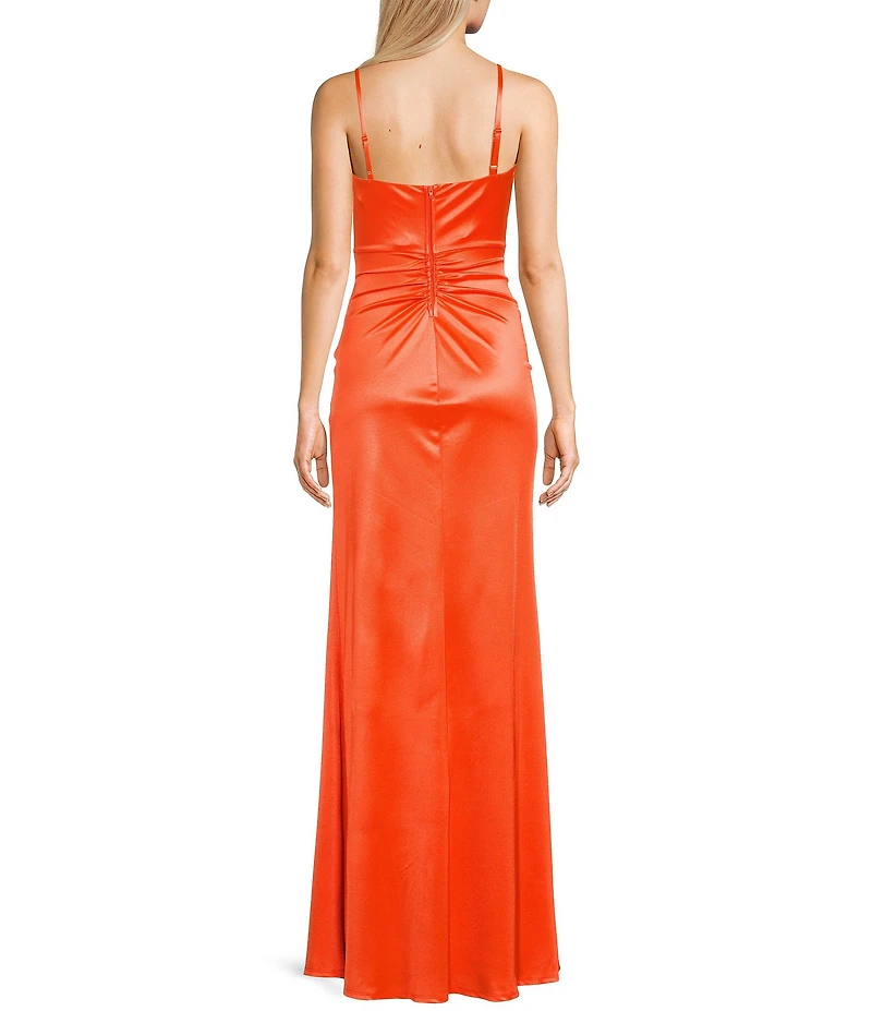 Honey and Rosie Spaghetti-Strap Square-Neck Faux-Wrap Slit Hem Stretch Satin Long Dress