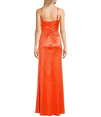 Honey and Rosie Spaghetti-Strap Square-Neck Faux-Wrap Slit Hem Stretch Satin Long Dress
