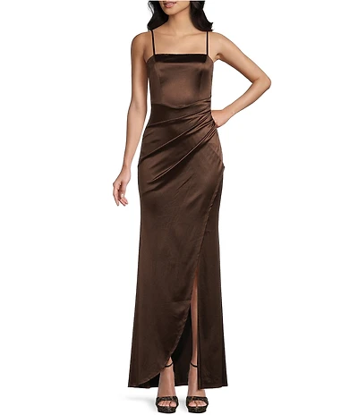 Honey and Rosie Spaghetti-Strap Square-Neck Faux-Wrap Slit Hem Stretch Satin Long Dress