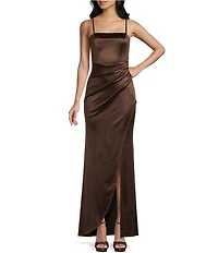 Honey and Rosie Spaghetti-Strap Square-Neck Faux-Wrap Slit Hem Stretch Satin Long Dress