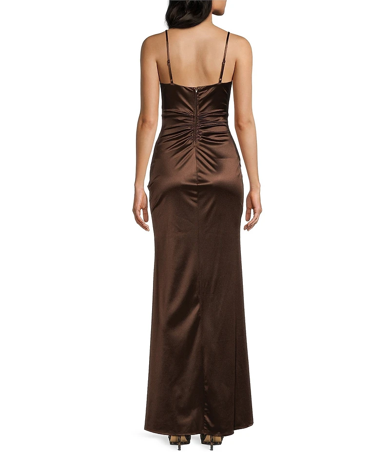 Honey and Rosie Spaghetti-Strap Square-Neck Faux-Wrap Slit Hem Stretch Satin Long Dress