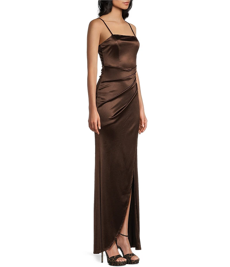 Honey and Rosie Spaghetti-Strap Square-Neck Faux-Wrap Slit Hem Stretch Satin Long Dress