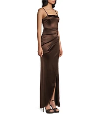 Honey and Rosie Spaghetti-Strap Square-Neck Faux-Wrap Slit Hem Stretch Satin Long Dress