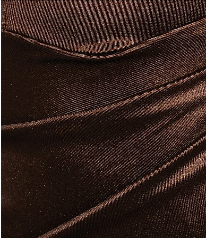 Honey and Rosie Spaghetti-Strap Square-Neck Faux-Wrap Slit Hem Stretch Satin Long Dress