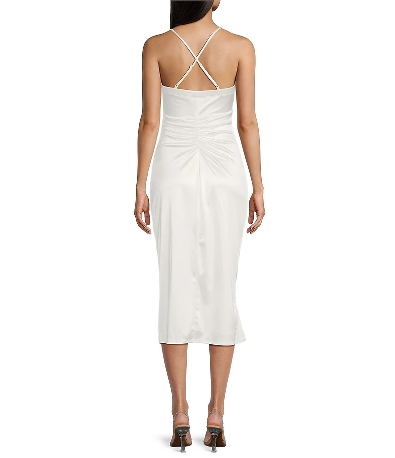 Honey and Rosie Satin Spaghetti Straps Pleated Ruffle Detail Midi Dress