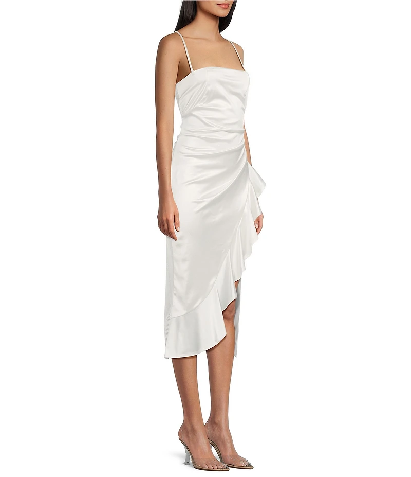 Honey and Rosie Satin Spaghetti Straps Pleated Ruffle Detail Midi Dress