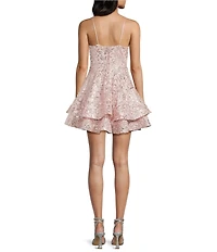 Honey and Rosie Square Neck Double Layer Skirt Ruffle Detail Sequin Embroidery Lace Mesh Dress