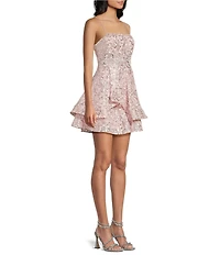 Honey and Rosie Square Neck Double Layer Skirt Ruffle Detail Sequin Embroidery Lace Mesh Dress