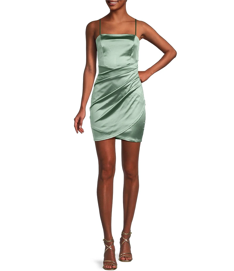 Honey and Rosie Square Neck Faux Wrap Satin Dress