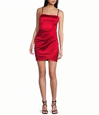 Honey and Rosie Square Neck Faux Wrap Satin Dress