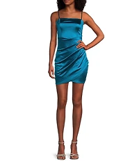Honey and Rosie Square Neck Faux Wrap Satin Dress