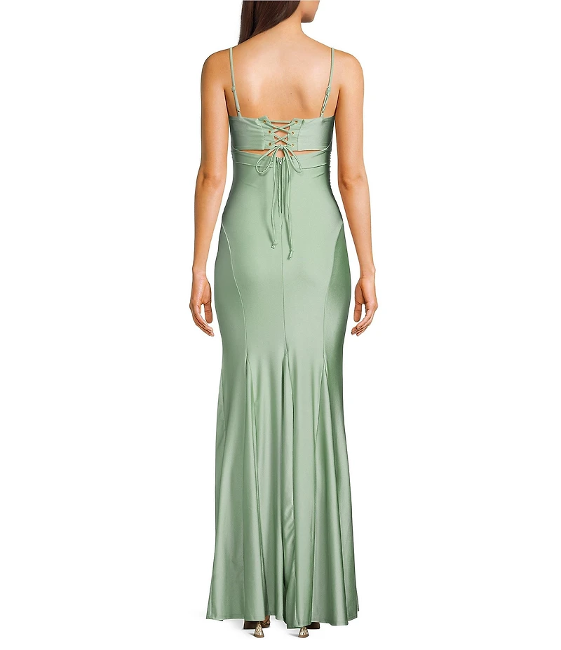 Honey and Rosie Square Neck Godet Inset Lace Up Back Flared Hem Long Dress