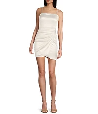 Honey and Rosie Square Neck Shirred Side Faux Wrap Mini Dress