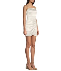 Honey and Rosie Square Neck Shirred Side Faux Wrap Mini Dress