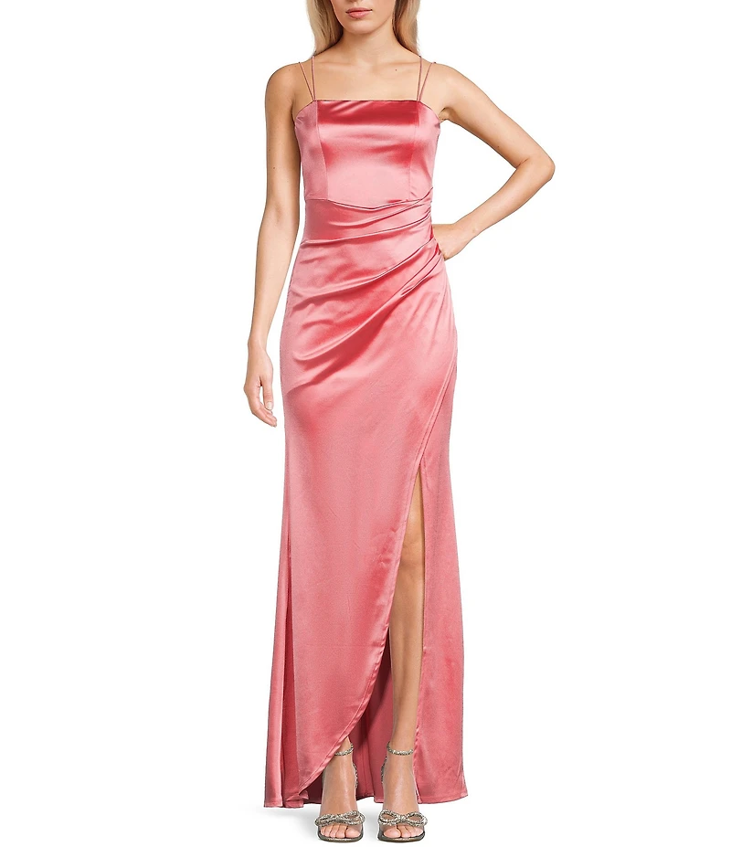 Honey and Rosie Double Strap Wrap Waist Side Slit Long Satin Gown