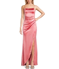 Honey and Rosie Double Strap Wrap Waist Side Slit Long Satin Gown