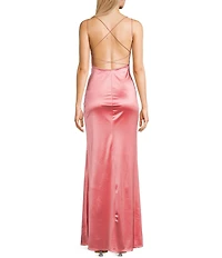 Honey and Rosie Double Strap Wrap Waist Side Slit Long Satin Gown