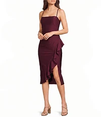 Honey and Rosie Straight Neck Criss Cross Back Asymmetrical Ruffled Midi Dress