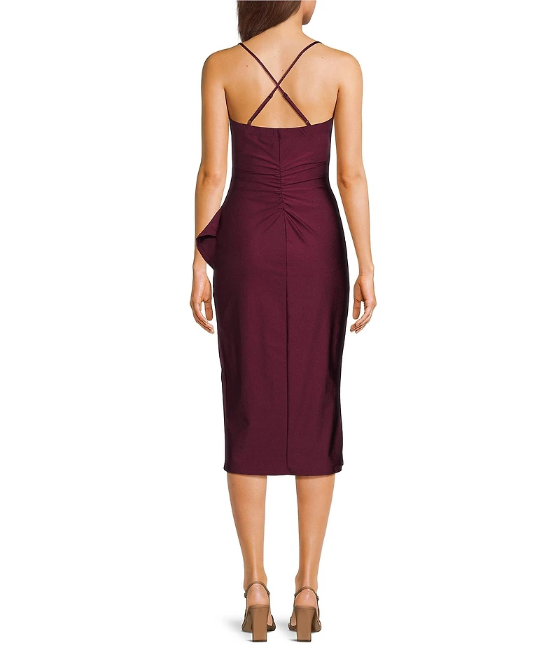 Honey and Rosie Straight Neck Criss Cross Back Asymmetrical Ruffled Midi Dress