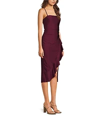 Honey and Rosie Straight Neck Criss Cross Back Asymmetrical Ruffled Midi Dress