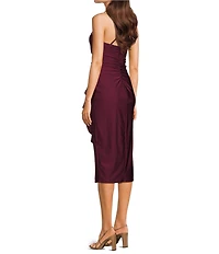 Honey and Rosie Straight Neck Criss Cross Back Asymmetrical Ruffled Midi Dress