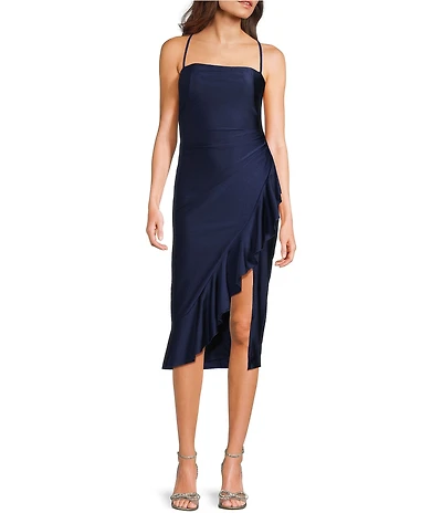 Honey and Rosie Straight Neck Criss Cross Back Asymmetrical Ruffled Midi Dress