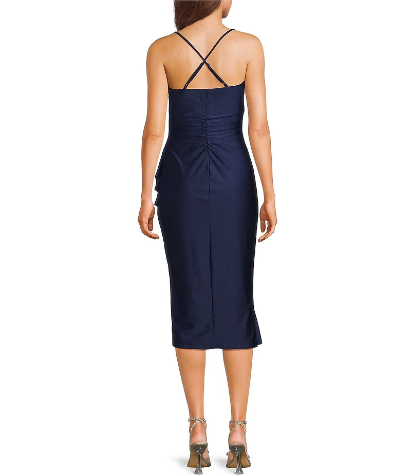 Honey and Rosie Straight Neck Criss Cross Back Asymmetrical Ruffled Midi Dress