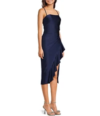 Honey and Rosie Straight Neck Criss Cross Back Asymmetrical Ruffled Midi Dress