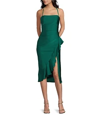 Honey and Rosie Straight Neck Criss Cross Back Asymmetrical Ruffled Midi Dress