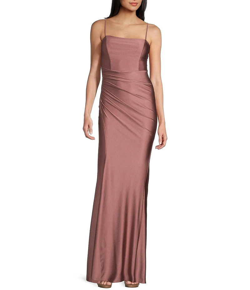 Honey and Rosie Square Neck Lace Up Back Pleated Mermaid Dress