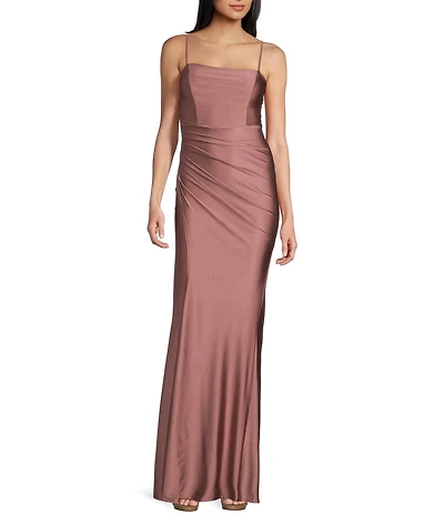 Honey and Rosie Square Neck Lace Up Back Pleated Mermaid Dress