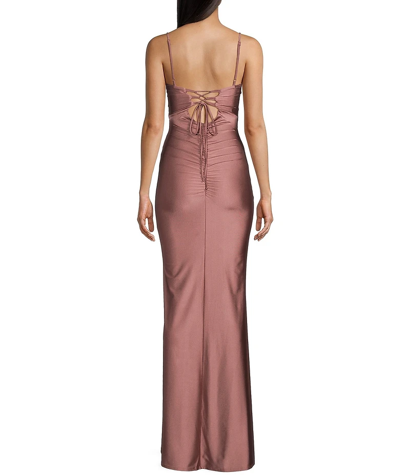 Honey and Rosie Square Neck Lace Up Back Pleated Mermaid Dress
