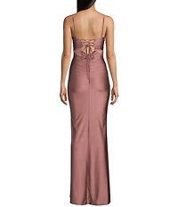 Honey and Rosie Square Neck Lace Up Back Pleated Mermaid Dress