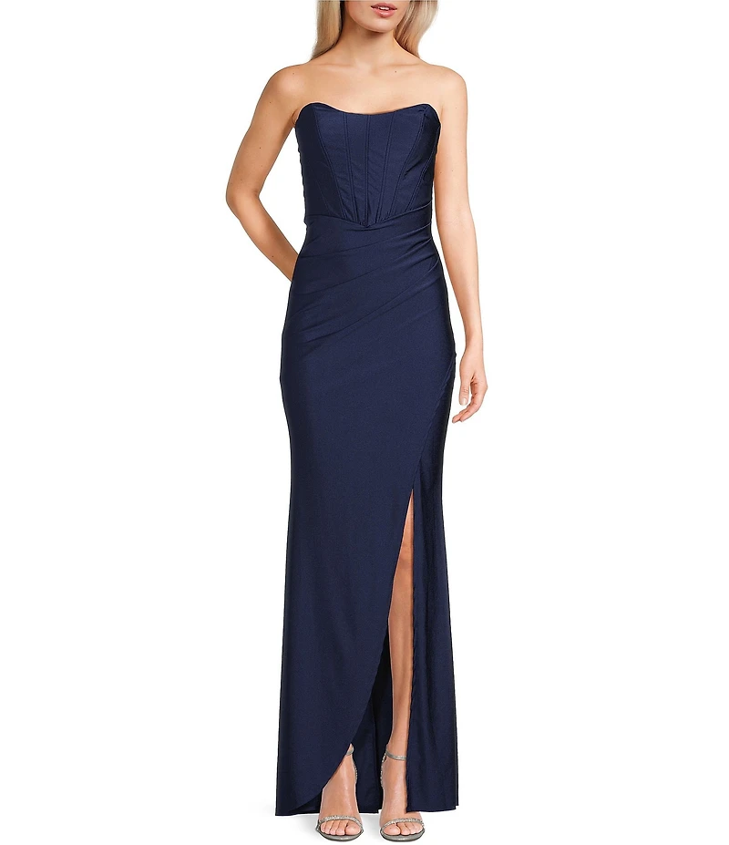 Honey and Rosie Strapless Corset Bodice Front Slit Dress